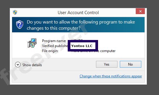 Screenshot where Yontoo LLC appears as the verified publisher in the UAC dialog